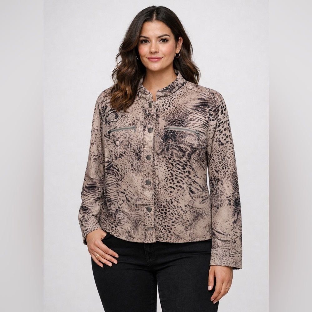 Chico’s Waxed Linen Blend Jacket Animal Print Contemporary Women’s Sz L